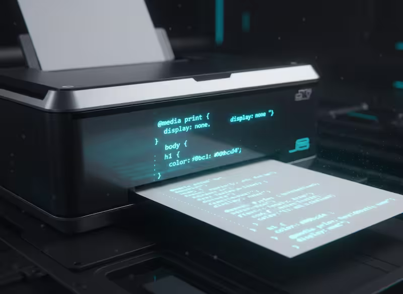 Una hoja de papel saliendo de una impresora, pero en lugar de
tinta, líneas de código CSS dan estilo al contenido directamente en la página.