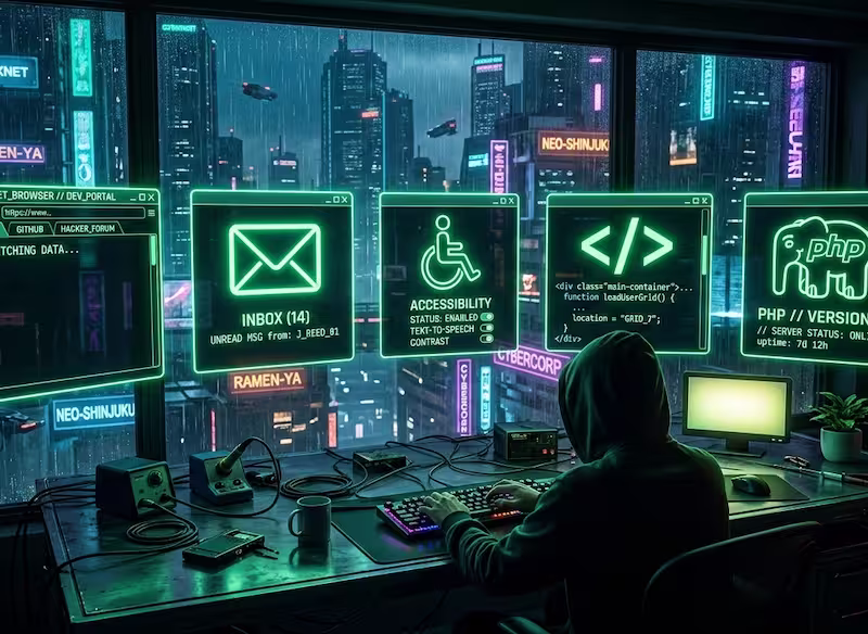 Cinco iconos técnicos para la web, el correo
electrónico, la accesibilidad, el HTML y el PHP con luces de estado verdes.