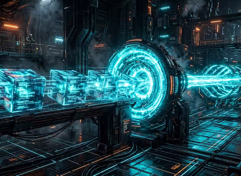 Schéma montrant un flux de données entrant
large et ressortant compressé après passage dans un algorithme natif du navigateur