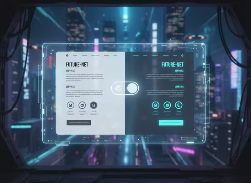 Interface web divisée diagonalement : un côté clair minimaliste et un
côté sombre avec des accents bleu néon.