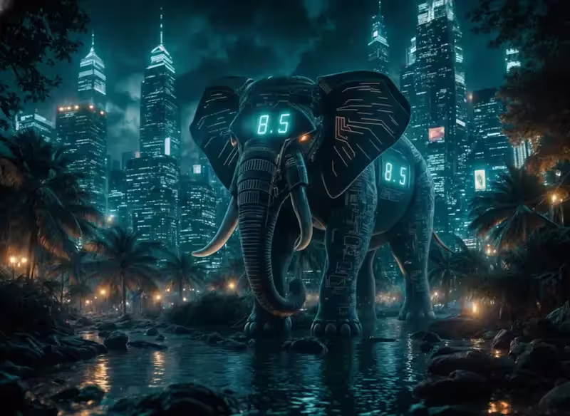 Un éléphant symbolisant PHP 8.4 dans une ville cyberpunk