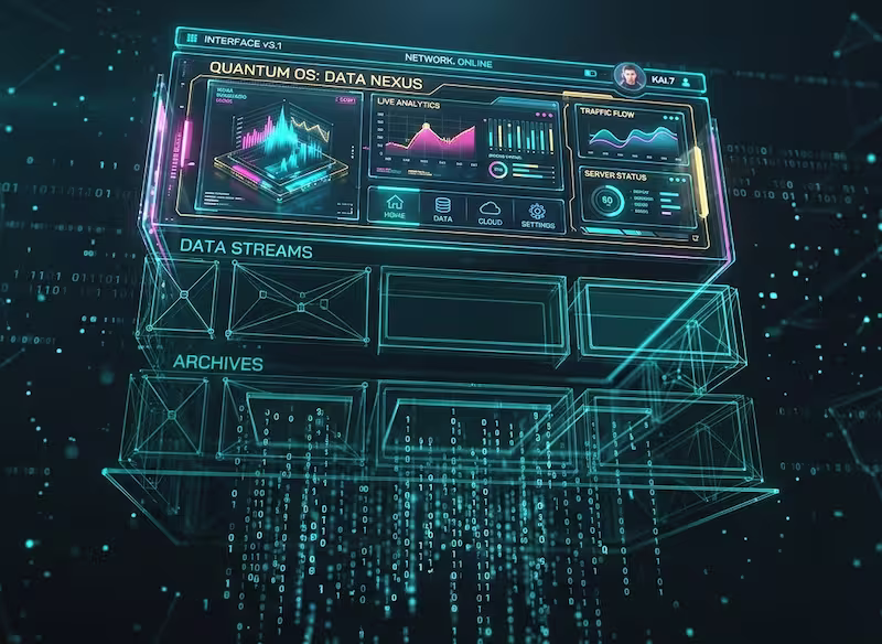 Un tableau de bord futuriste
illustrant le rendu sélectif : la partie supérieure est entièrement détaillée et colorée, tandis que les sections
inférieures 