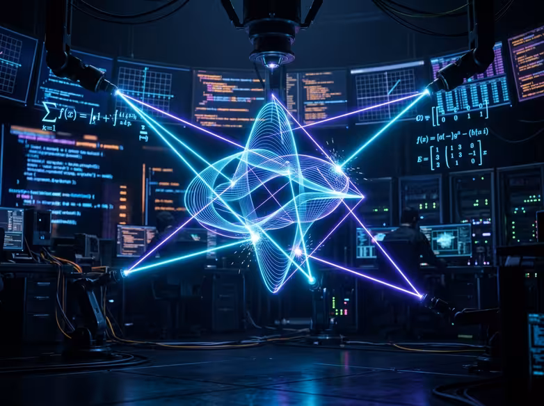 In a dark and futuristic laboratory, robotic
arms project cyan and violet lasers to sculpt a 3D geometric wave shape